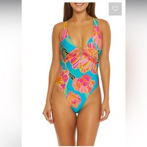 Trina Turk 😎🌴🩱Poppy Floral Belted Plunge One Piece swimsuit